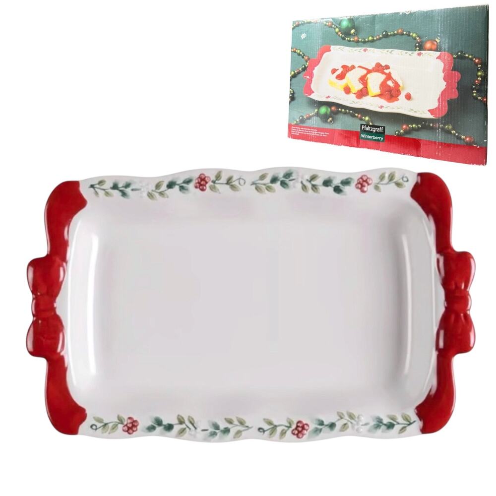 Pfaltzgraff Christmas Serving Platter Winterberry Holly Berry Red Bow Handle Box